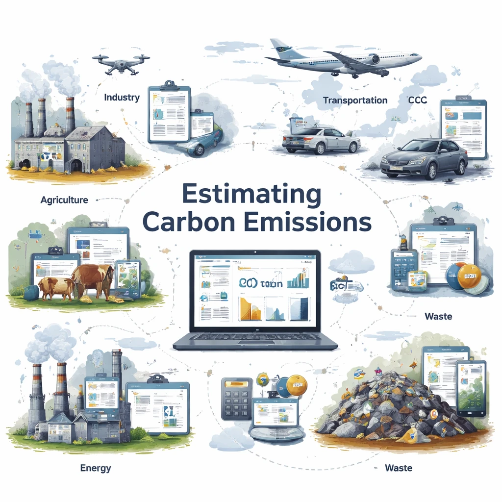 Infographic illustrating complexity and data sources involved in estimating carbon emissions.