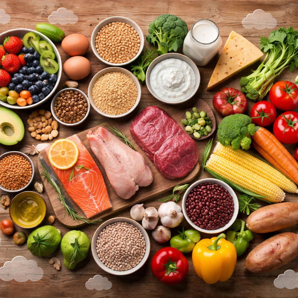 An overhead photo of various food types arranged on a wooden table with subtle carbon emission icons overlayed.