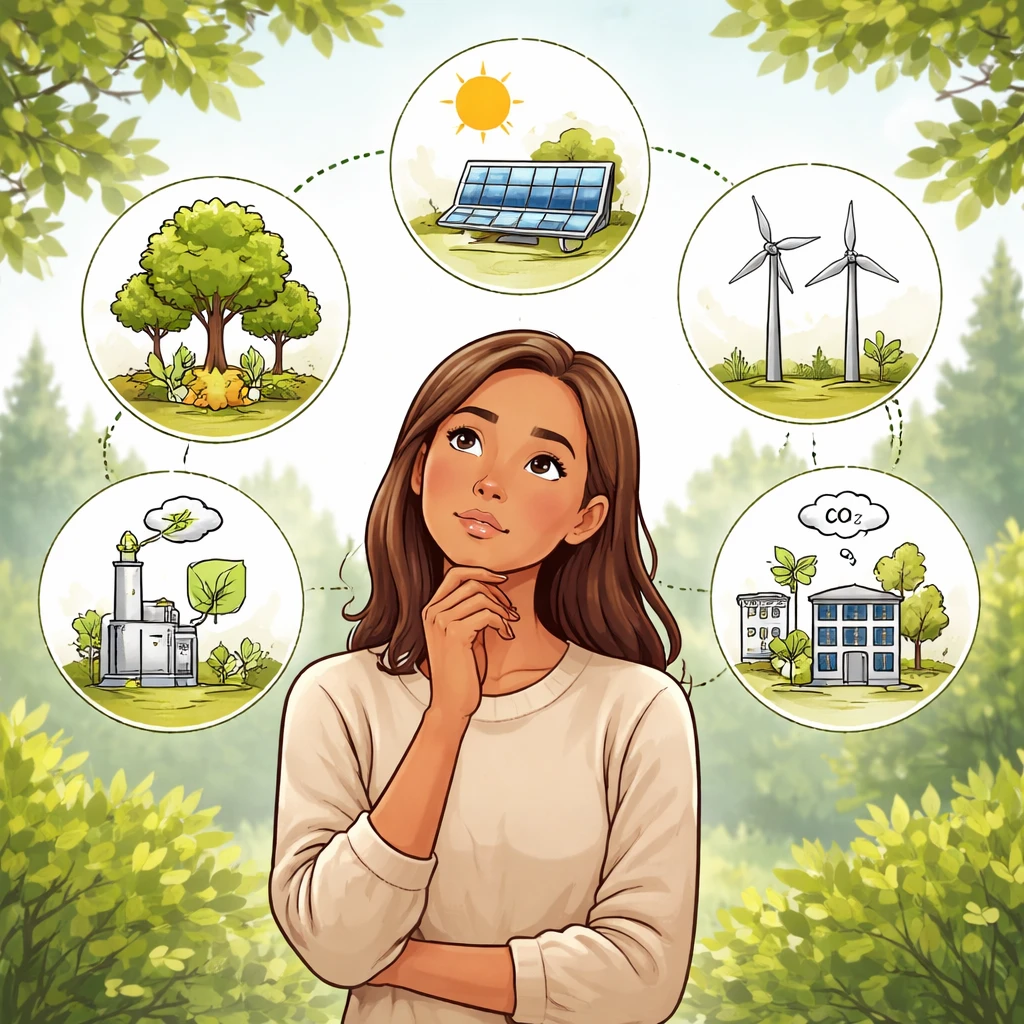 Illustration of a person considering carbon offsetting with environmental icons such as trees and wind turbines in the background.