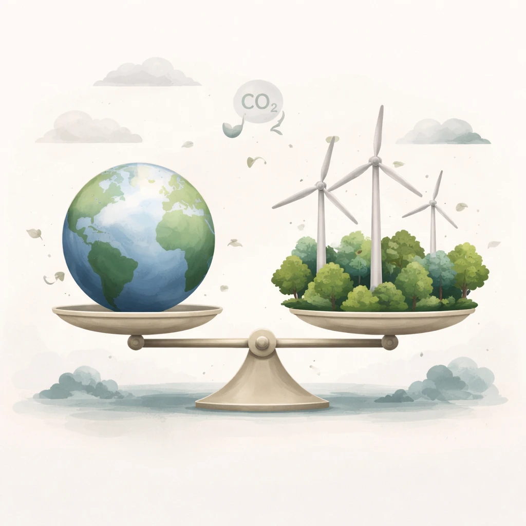 Balanced scale depicting the concept and limits of carbon offsetting with Earth and renewable energy elements