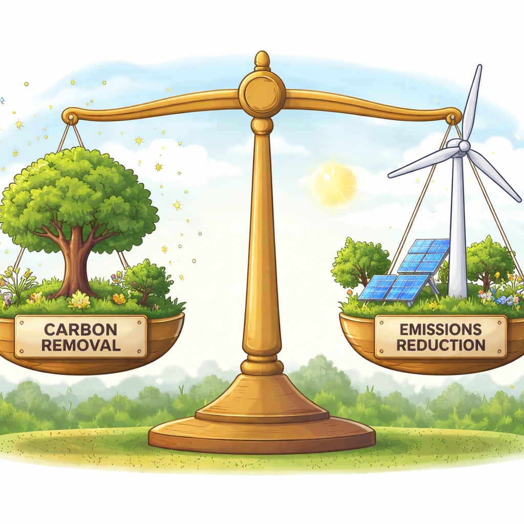 Illustration of a balanced scale with a tree on one side and a wind turbine on the other, symbolizing carbon removal and emissions reduction.
