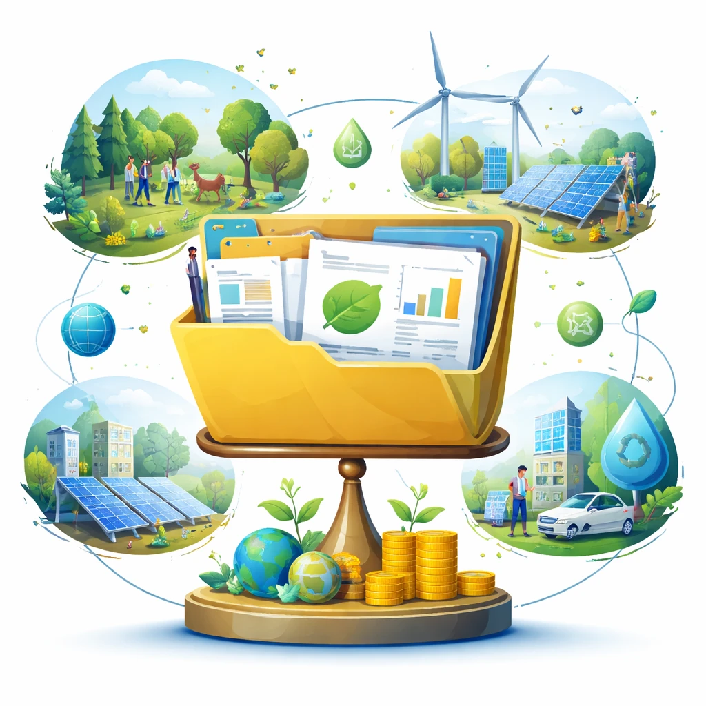 Illustration of a balanced portfolio of diverse climate projects including forests, wind turbines, and solar panels representing diversification.