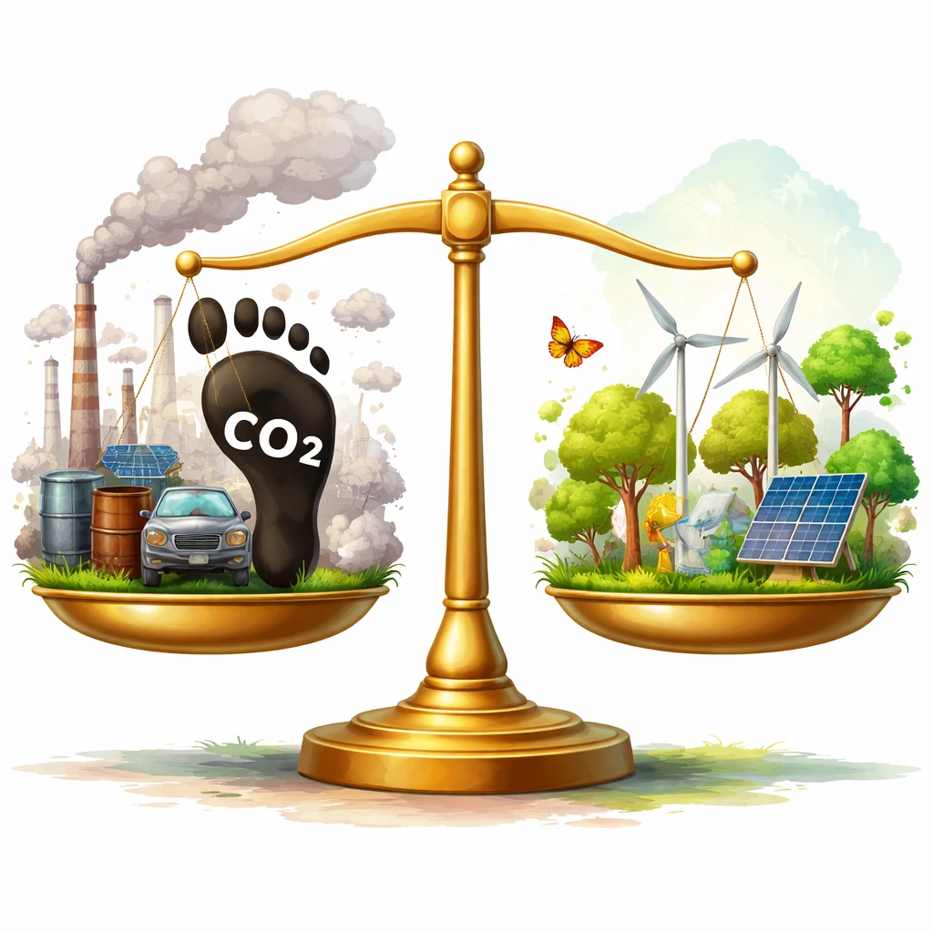 Balanced scale illustrating carbon footprint balanced with sustainable projects such as trees and wind turbines representing carbon offsetting.