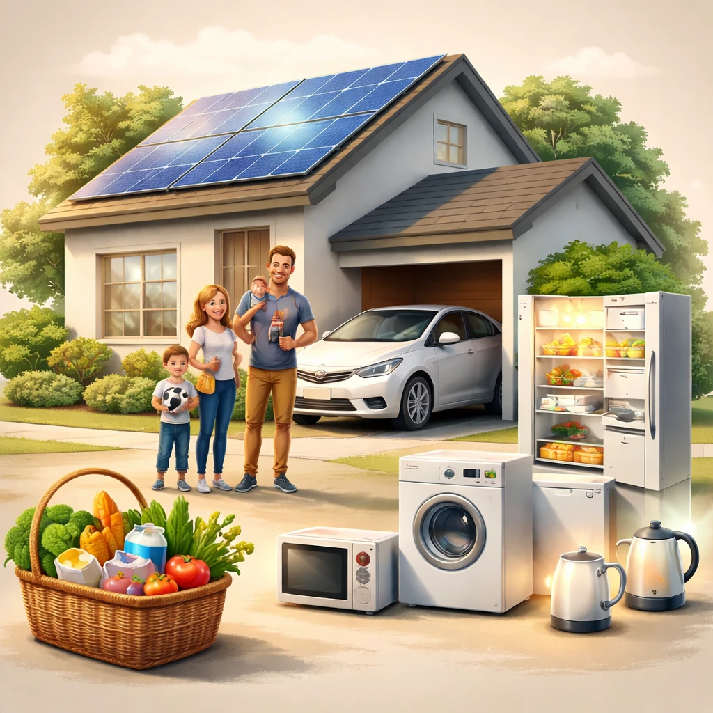 Illustration showing a family home with solar panels, a car, groceries, and household appliances representing common sources of household carbon emissions