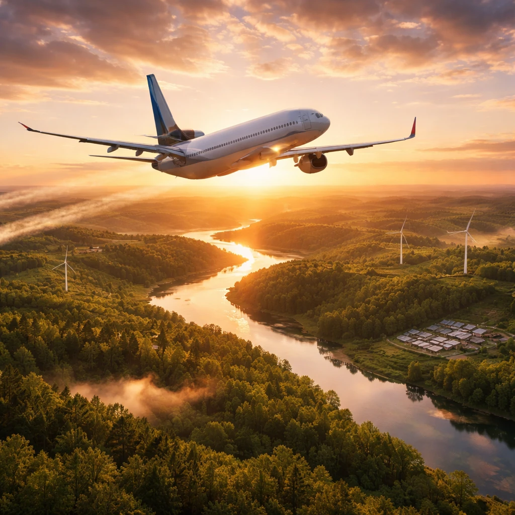 Airplane flying over nature representing flight carbon offsetting
