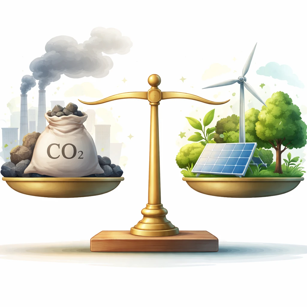 Balanced scale depicting carbon emissions and environmental projects representing carbon offsetting