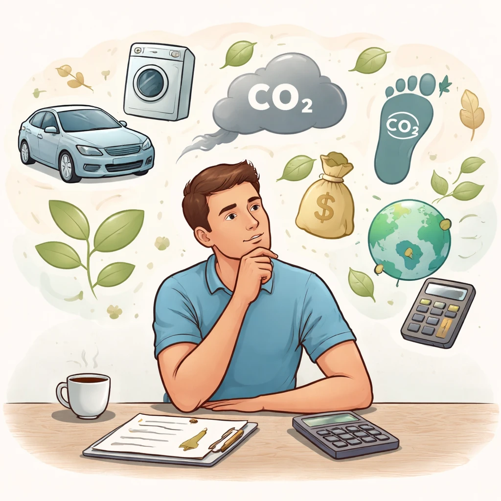 Person considering a large purchase with symbols of carbon emissions and offsetting around them