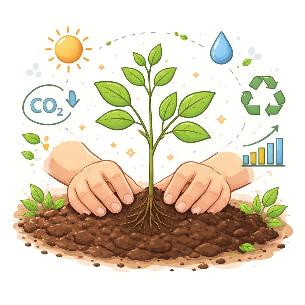 Hands planting a young tree seedling symbolizing new growth and environmental impact for a climate education guide on additionality