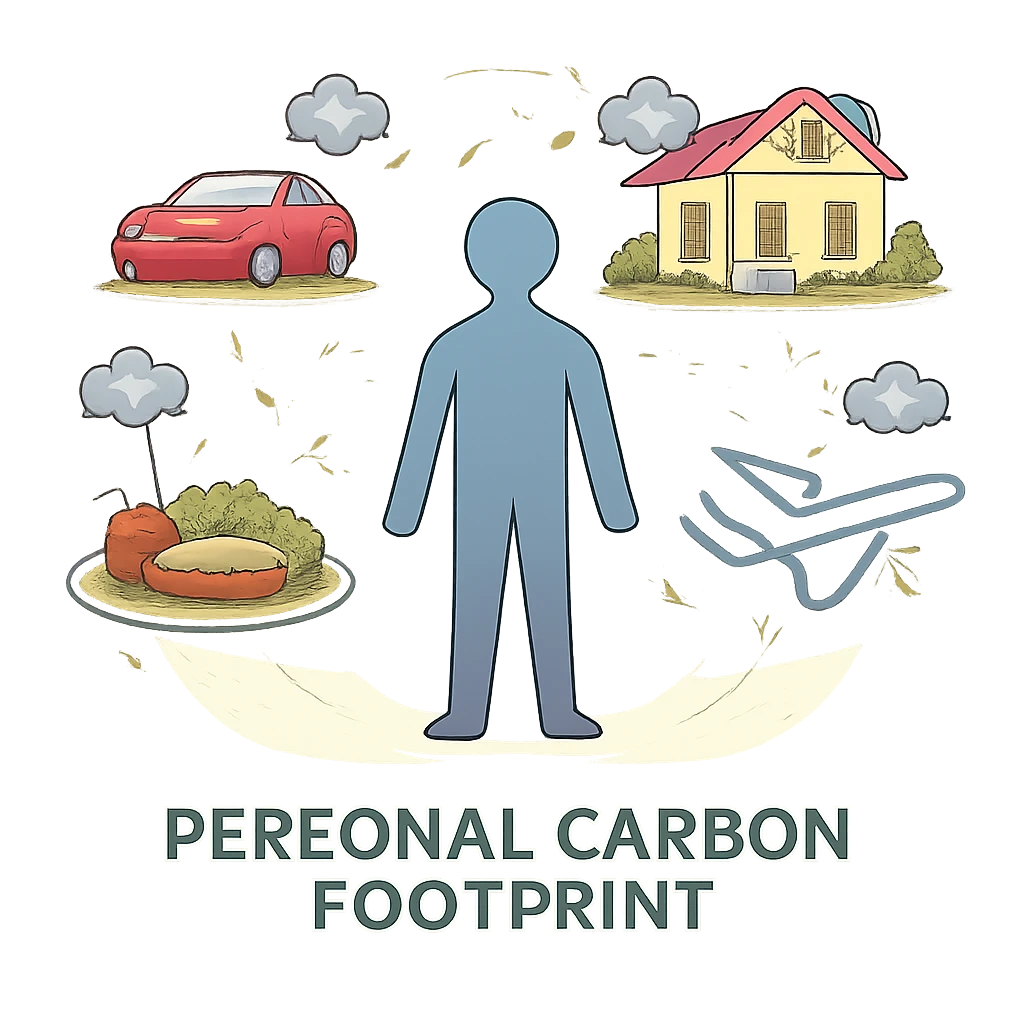 Illustration of a person with icons representing common sources of carbon emissions like car, house, food, and airplane around them